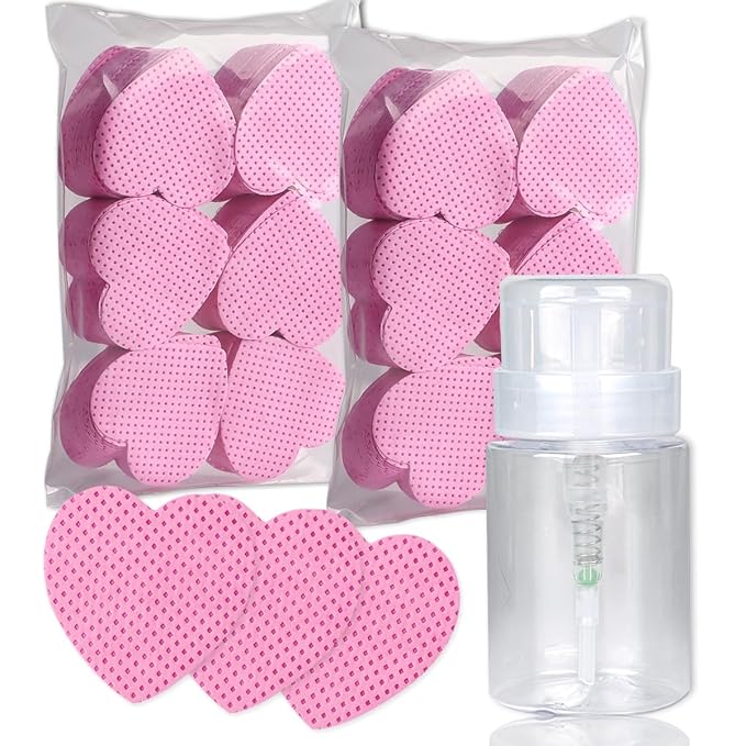600PCS Lint Free Nail Wipes with 100ml Empty Press Pump Bottle,Gel Polish Remover Clean Cotton Pads and Acetone Dispenser,Non-Woven Fabric Eyelash Glue Wipes Paper with Refillable Bottle for Nail Art