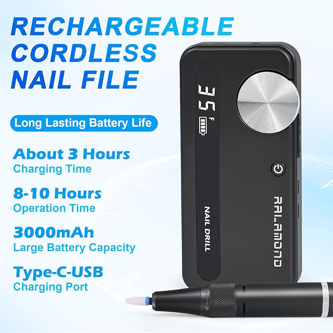 35000RPM Nail Filer Electric Nail Drill, Professional Cordless Machine, Portable Rechargeable Nail Drill, Drill Nails Tool for Manicure Pedicure Salon and Home Use (Black)