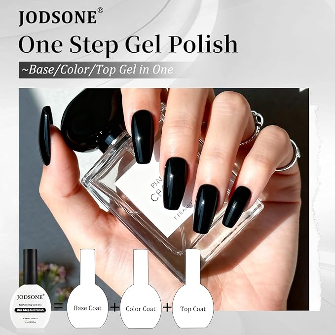 JODSONE Black Gel Polish Top Base Coat,16.5ml 3-in-1 One Step Gel Polish,Base Color Top Gel in One, Save Time,Long Lasting