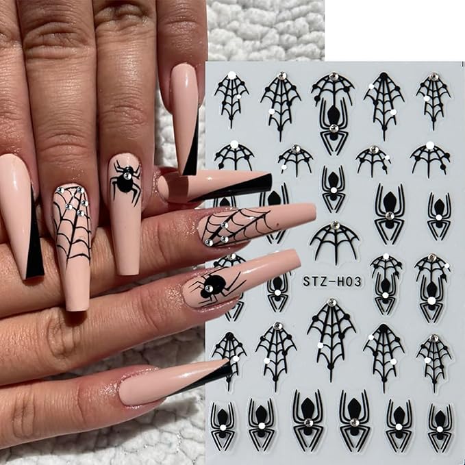 4 Sheets Halloween Nail Stickers for Nail Art, Spider Nail Decals Self Adhesive Black Nail Art Stickers Spider Web Nail Decorations with Rhinestone Halloween Manicure Supplies for Women and Girls