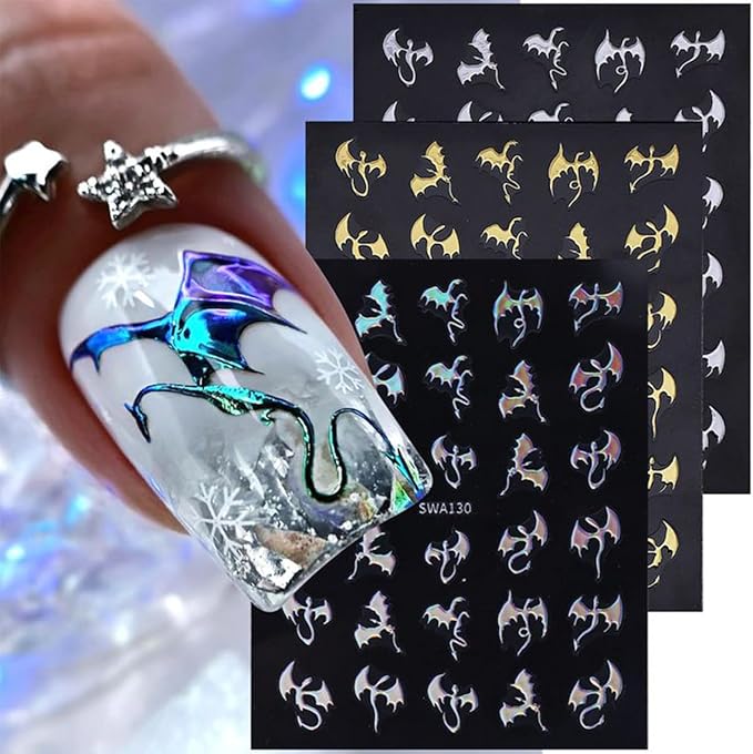 6 Sheets Halloween Nail Stickers 3D Self-Adhesive Dragon Nail Art Stickers Glitter Laser Gold Bat Design Horror Gothic Nail Decals Nail Art Supplies for Women Acrylic Manicure Decorations