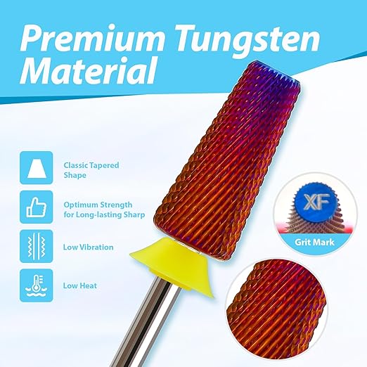 Professional Nail Drill Bits for New Artists, Cross Cut 3/32'' Safety Tungsten Carbide Tapered Bit, Remove Gel Fast, Left & Right Hand Use, Manicure Cuticle Soft Hard Gel Polishing, Extra Fine.