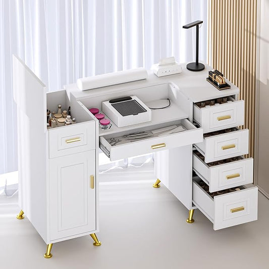 Manicure Table with Removable Panel, Nail Tech Desk with Dust Collector, Drawers & Storage, Nail Station for Salon or Home Studio (White)