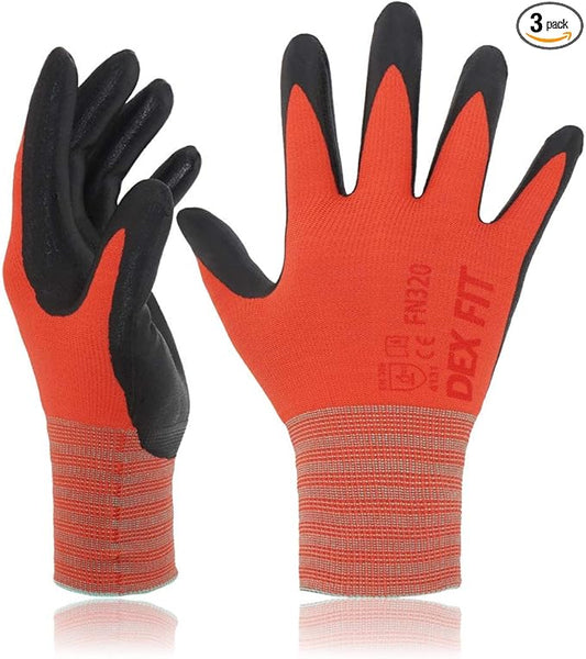 DEX FIT Nylon Work Gloves FN320, 3D Comfort Fit, Power Grip, Lightweight, Touchscreen for Men & Women, Breathable & Flexible for Yard Work DIY Mechanic Warehouse; Red 8 (M)