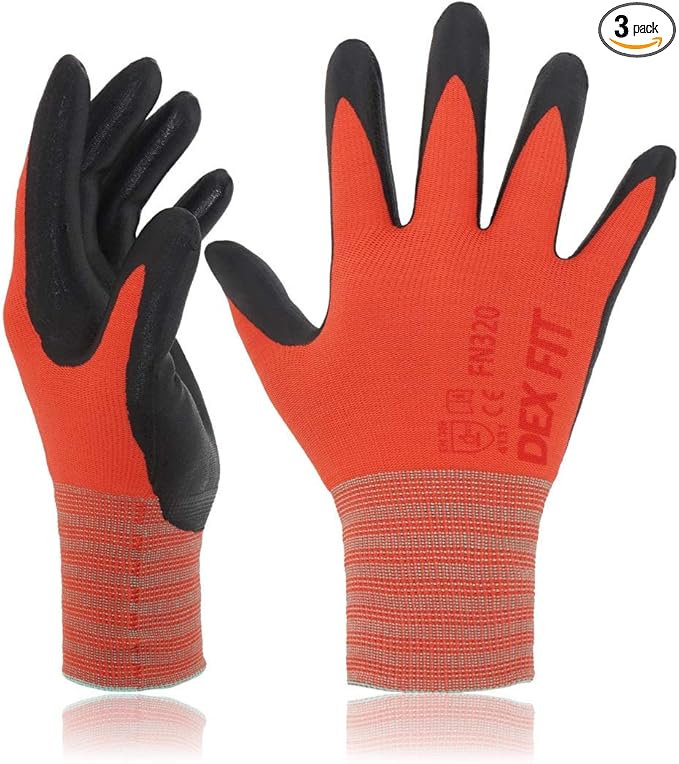 DEX FIT Premium Nylon Work Gloves FN320 - Firm Nitrile Grip, 3D-Comfort Stretchy Fit, Thin & Lightweight, Protective & Durable, Breathable, Machine Washable; Red 6 (XS) 3 Pairs