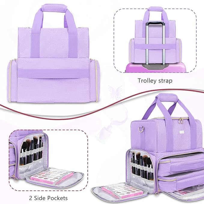 Nail Polish Organizer Holds 80 Bottles and a Nail Lamp,Nail Polish Carrying Case with 2 Removable Bags,Nail Organizers and Storage for Nail Tech,Portable Nail Polish Holder for Nail Supplies,Purple