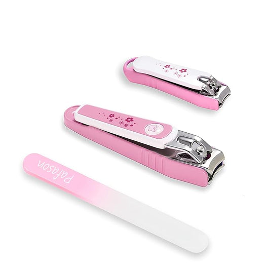 PAFASON Ultra Sharp Stainless Steel Nail Clipper Trimmer Cutter Set with Built-in Nail Catcher & Glass Nail File 3 Pack Fingernail & Toenail Clippers for Men & Women