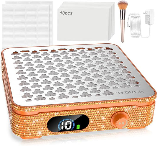 Nail Dust Collector | 1000PA Professional Nail Dust Collector | 10 Speed Levels| Low Noise & Strong Suction| Reusable Filter, 10 Pads + Nail Dust Brush| for Acrylic Nails, Salon & Home -Orange Diamond