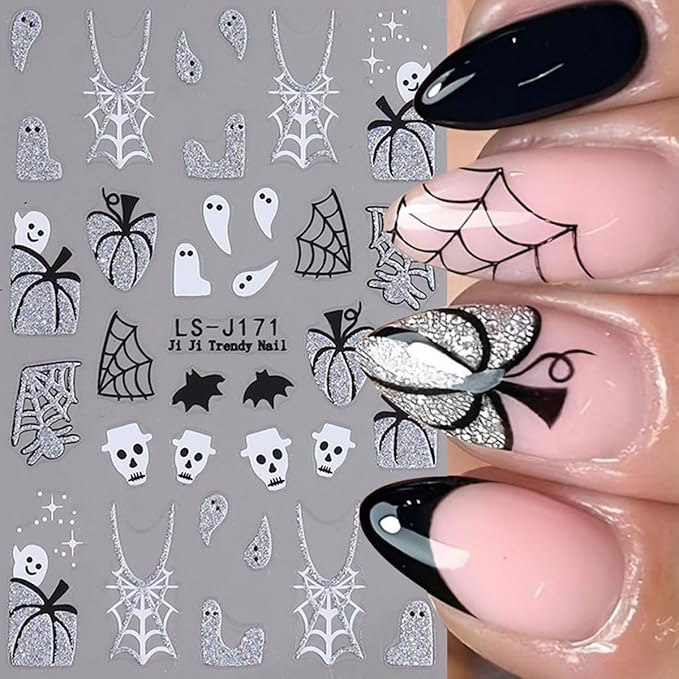 Halloween Nail Art Stickers Decals Glitter Pumpkin Ghost Nail Stickers 6PCS 3D Self-Adhesive Spider Web Spider Knife Ghost Design Halloween Stickers Manicure Supply for Women Holiday DIY Nail Salon