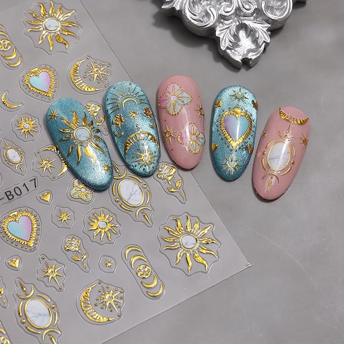 3 Sheets Bohemian Style Nail Stickers 5D Embossed Star Nail Art Stickers Self-Adhesive Heart Moon Sun Nail Decals Bohemia Metallic Nail Designs Accessories Stars Nail Decoration for Women Girls DIY