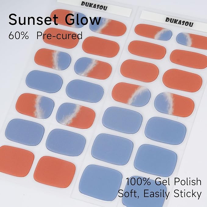 Semi Cured Gel Nail Strips | 28 pcs Gel Nails Strips for Women Work with Any UV Lamp, UV Nail Stickers for Women Home DIY Nails Art (Sunset Glow)