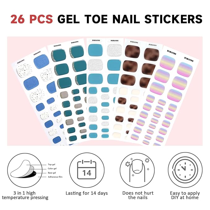 Semi Cured Gel Toe Nail Strips,26 Pcs Toe Nail Stickers Wraps for Holiday(caffee Brown),Gel Strips UV Light Required,Easy to Apply