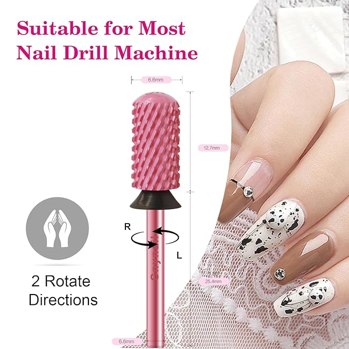 3/32" Large Barrel Smooth Round Top Tungsten Carbide Nail Drill Bit Safety for Gel & Acrylic Removal 2-Way Rotating Efile Tip Professional Salon Electric File Accessory (XC Grit, Rose Red)