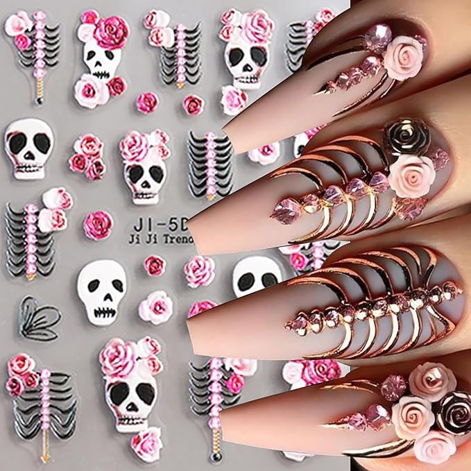 Skull Nail Art Stickers Halloween Pink Red Rose Skeleton Hand Bone Nail Decals 5D Embossed Self-Adhesive Nail Art Supplies White Skull Nail Design Manicure Sliders for Women Nail Decorations 2PCS