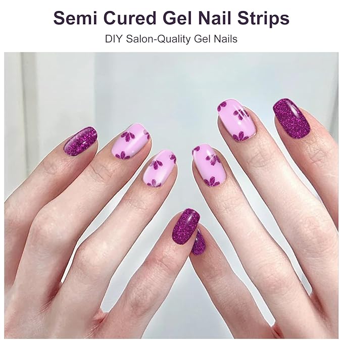 Semi Cured Gel Nail Strips,28 Pcs Nail Stickers for Women(Shiny),Gel Stickers for Nails UV Light, Includes Prep Pads, NailFile & Wood Stick
