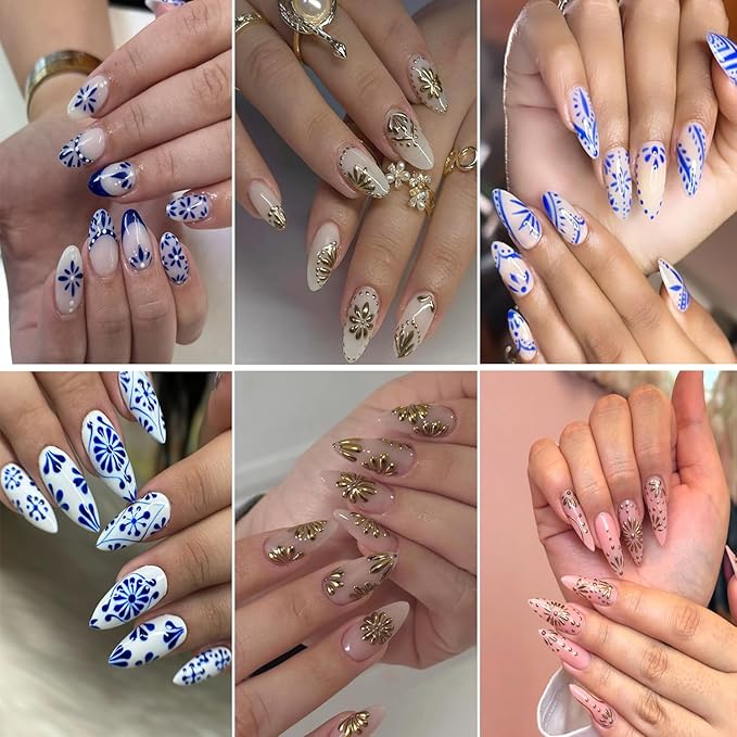 6Sheets Retro Flower Nail Art Stickers 3D Bohemian Style Design Nail Decals Self-Adhesive Gold Silver Petals Line Nail Sticker Boho Blue Floral Nail Decal for Women DIY Manicure Charms Decor Supplies