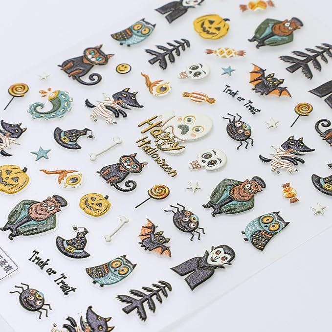 Halloween Nail Stickers for Nail Art Halloween Theme 5D Embossed Nail Decals Self-Adhesive Nails Supply Manicure Stickers for Nails Decoration