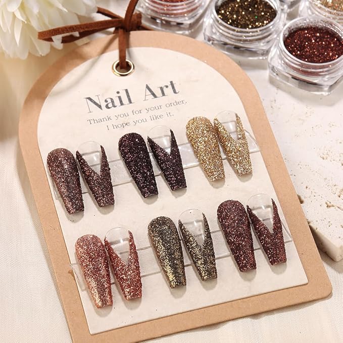 6 Colors Holographic Nail Art Glitter, Ultra Fine Metallic Shining Glitter Dust, Retro Champagne Golden Reflective Sugar Dipping Pigment for DIY Gel Polish Nail Art Decoration, Resin Craft