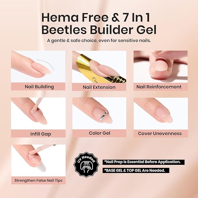 Beetles Builder Gel HEMA-Free-Amber Embrace 2 Colors 7 in 1 Nail Thickening Strengthening Building Apex for Beginner DIY Salon at Home,Nude & Glitter Builder Nail Gel,UV & LED Lamp Cured Needed
