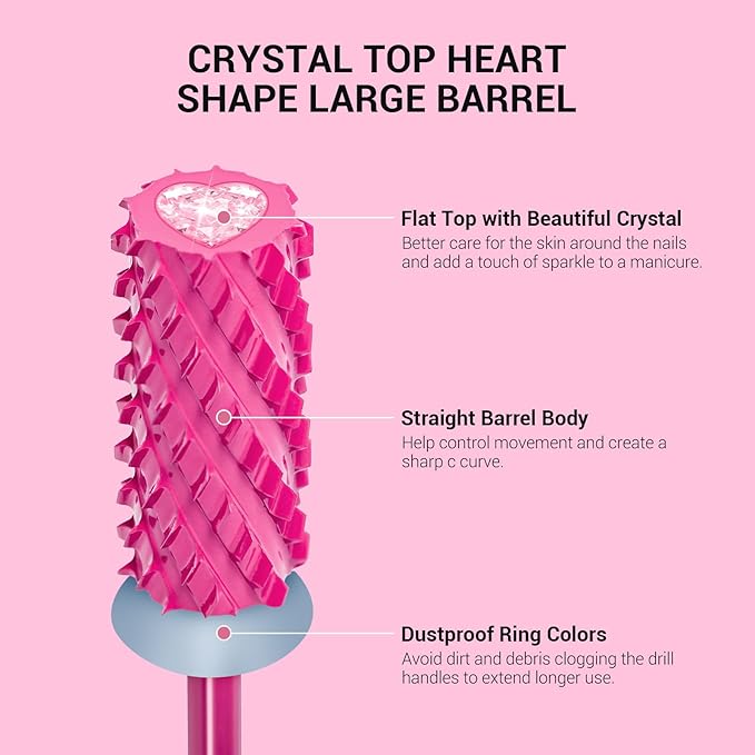 MelodySusie Large Barrel 3/32'' Tungsten Carbide Nail Drill Bit, Crystal Top Pink Heart Shape, Fast Remove Acrylic Gel, Cuticle Gel Polishing for Manicure Pedicure, Pink Blossom, Series Bit-S, 4XC