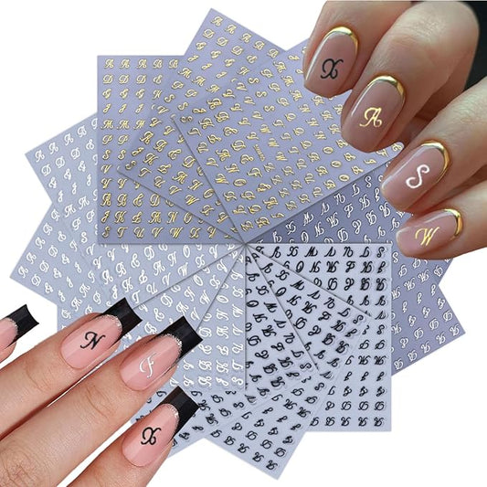 12 Sheets Letter Nail Stickers for Nail Art 3D Self Adhesive White Black Silver Gold Nail Art Stickers English Nail Decals Letter Decoration Accessories for Women Girls DIY Acrylic Nails