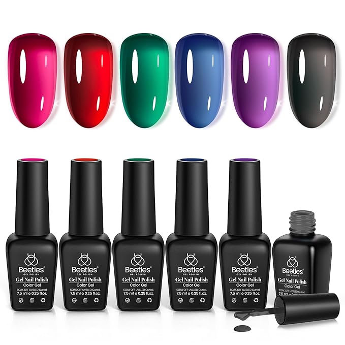 Beetles Jelly Gel Nail Polish Set - Jelly Magic Gel Polish, 6 Colors Christmas Gel Polish Kit Pink Red Black Blue Green Purple Sheer Translucent Effect Soak Off UV Manicure DIY Gift for Women
