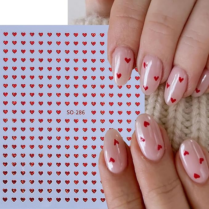 6 Sheets Heart Nail Art Stickers Decals Black White Red Laser Silver Heart Nail Stickers for Women Valentines Nail Art Supplies 3D Self Adhesive Romantic Hearts Sticker Design Manicure Decoration