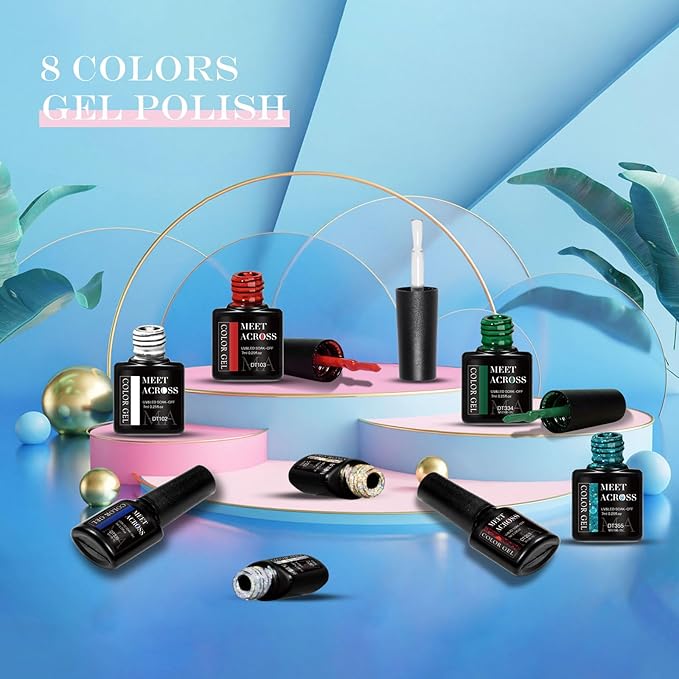 MEET ACROSS Christmas Gel Nail Polish Set, 8 Colors Red Sparkle Green Glitter Gold Silver Winter Gel Polish Dark Green Dark Red Gel Polish Kit Soak Off Nail Lamp Uv LED Nail Art Design for Women