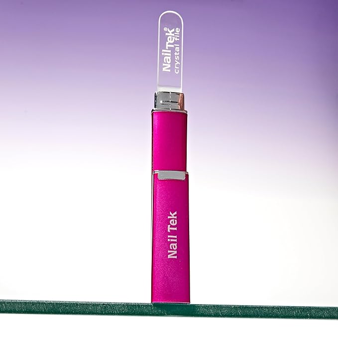 Nail Tek Crystal File - Glass Nail File with Case, Durable and Gentle for Healthy Nails and Cuticles - Travel-Friendly Design, Fuchsia, Medium 5"
