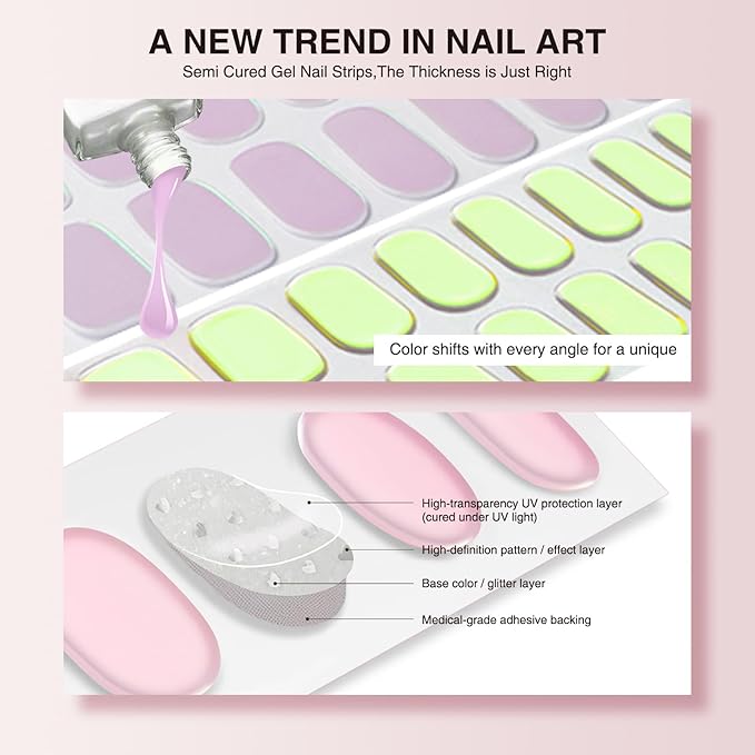 Semi Cured Gel Nail Strips, 20 PCS Gel Nail Stickers Work with UV Light, Gel Nail Wraps, Salon Quality & Easy to Use - Aurora