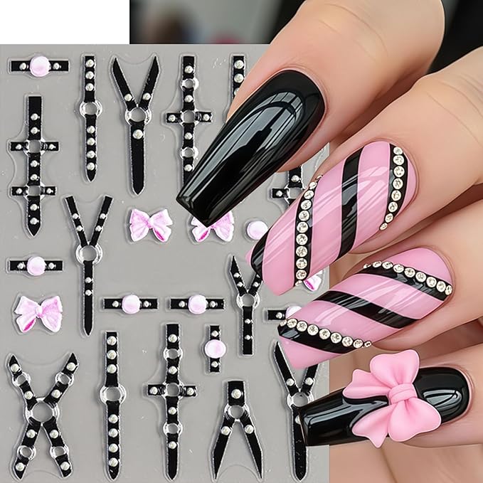 2 Sheets Black Punk Belt Nail Stickers Decals Y2K Relief Punk Nail Art Stickers 5D Embossed Leather Belt Nail Decals Black Silver Goth Belts Pink Bow Nails Design Nail Supplies for Women Manicure