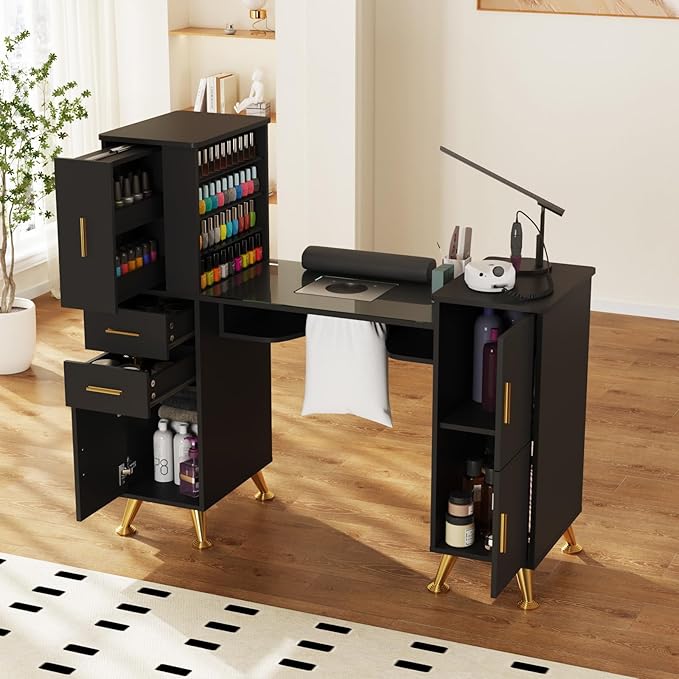 Manicure Table Nail Desk with Glass Top & Wrist Rest, Nail Station with Dust Collector & 4 Dust Bags, Beauty Salon Workstation with Storage Drawers & Cabinet (Black)