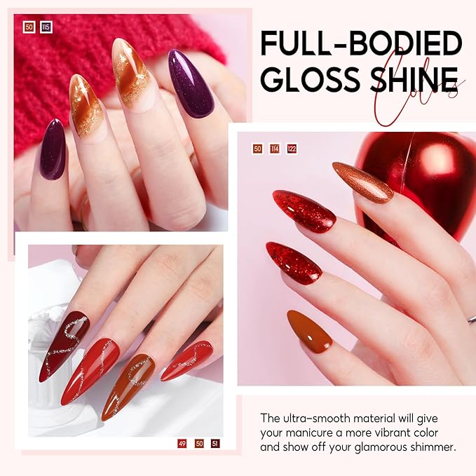 Peacecolor Red Gel Nail Polish Set, 6pcs 10ML Soak Off Gel Polish Dark Red Burgundy Shimmer Glitter Colors Nail Art Starter Kit Gifts for Women