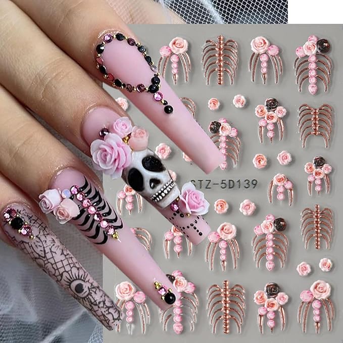 2PCS Halloween Nail Art Stickers Decals 5D Embossed Skeleton Bones Nail Stickers Horror Gold Rose Gold Skull Rose Designs Halloween Nail Art Supplies Gothic Adhesive Sliders for Women DIY Manicure
