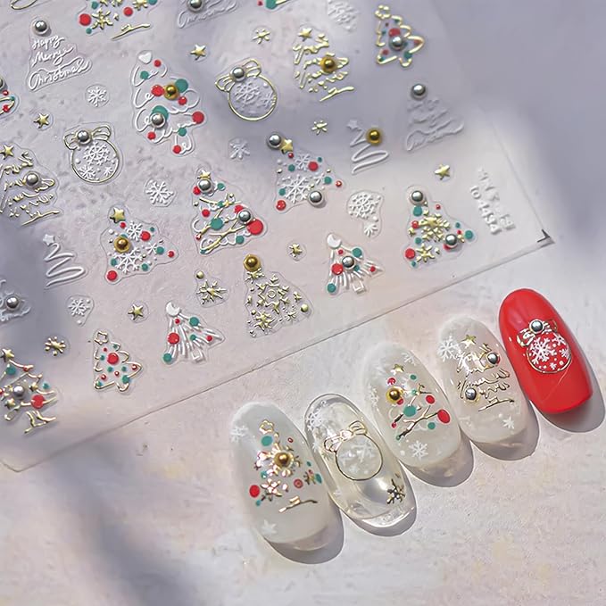 1 Sheet Christmas Tree Nail Art Sticker 5D Embossed Colorful Christmas Tree with Gold and Silver Pearl Nail Sticker Decal Acrylic Nail Supplies for Women Girls DIY Nail Art Decoration