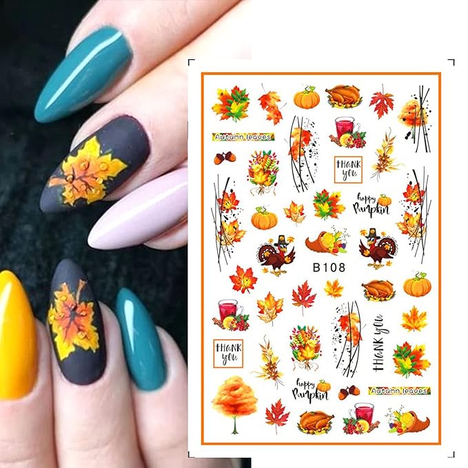 Fall Nail Art Stickers - 10 Sheets Maple Leaf Nail Art Supplies - 3D Self-Adhesive Nail Decals Autumn Thanksgiving Maple Leaves Pumpkin Turkey Nail Sticker for Women Manicure Decoration