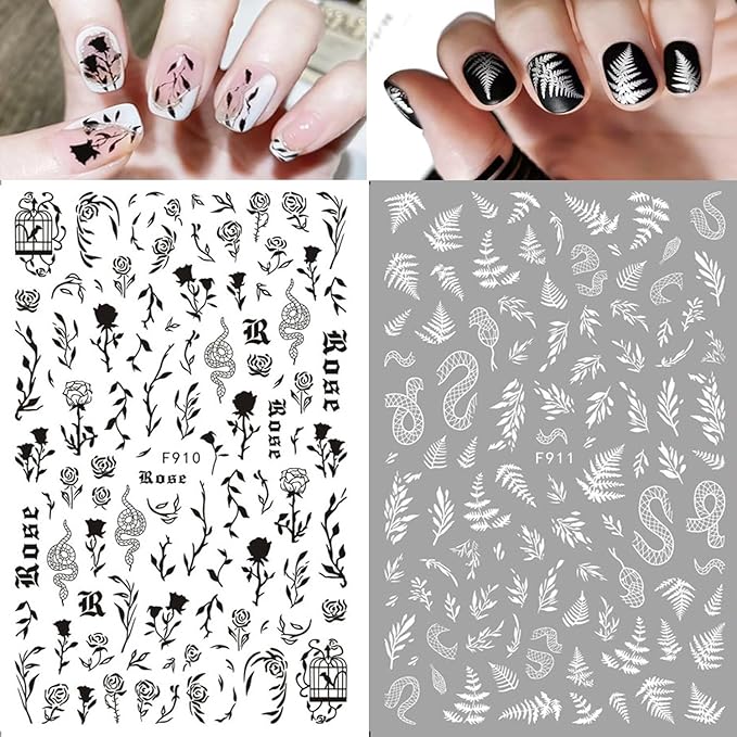 10 Sheets Snake Nail Art Stickers Sheets Black White Nail Decals Star Moon Eye Rose Leaf Flame Nail Art Supplies Butterfly Acrylic Nail Supplies 3D Goth Snake Nail Design Stickers for Women DIY Nail
