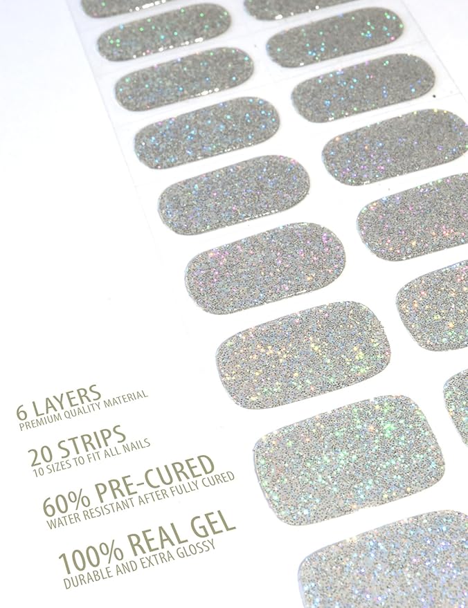 Semi Cured Gel Nail Strips, 20 pcs Nail Wraps, Glaze Stickers, Salon Quality French Manicure, Full Decal Gel Polish Strips, Long Lasting Holiday SCG, UV Lamp Required (Moonlit Tide)