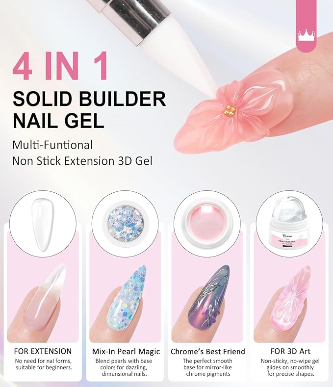 Chrome Nail Powder and Solid Builder Gel Kit BISHENGYF: 30g 4 In 1 No Wipe 3d Sculpting Nail Gel Aurora Pink White Pearl Chrome Nail Powder Clear Non-Sticky Hand Extension Glue for Nail Decoration