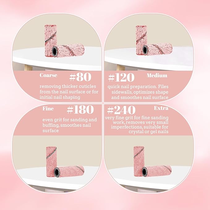 100 Pcs Nail Drill Bits Sanding Bands for Nail Drill, Nail Tips for Drill Bits Nail Tech,240 Fine Grit Nail File Sanding Bands for Acrylic Nails Gel Manicures and Pedicure, Pink