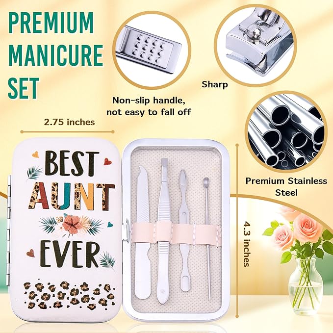 Best Aunt Ever Manicure Kit – Funny Auntie Nutrition Facts Nail Clippers Set – Compact Nail Care Kit for Aunt, Didi, Cool Sister – Birthday Christmas Gifts for Aunt – Leopard Print Travel Set
