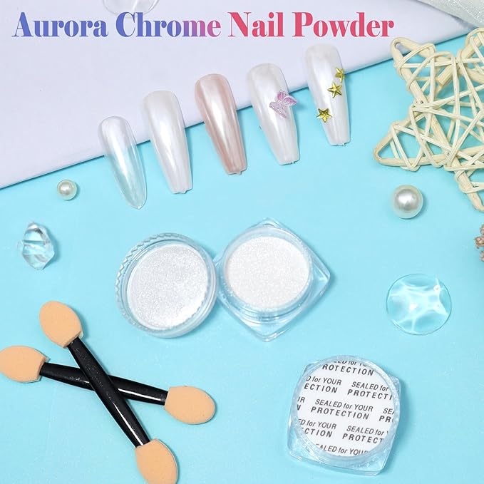 SIUSIO White Pearl Chrome Nail Powder, 2pcs Iridescent Aurora Powder Metallic Mirror Effect Pigment Pearlescent Mermaid Pigment for Nail Art Manicure Decoration Sets