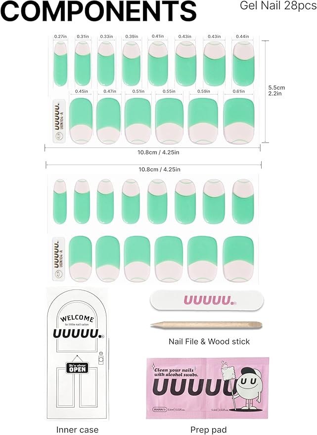 UUUUUU Semi Cured Gel Nail Strips | Salon-Quality | UV Free Gel Nail Wraps for Women | Easy Peel&Stick | Long-Lasting up to 14 Days | 28 Strips Set+File & Wipes | Gift-Ready (UGN104 Mint French)