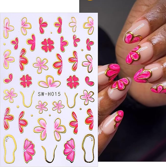4 Sheets Pink Flower Nail Stickers, Gold Stamping Floral Nail Art Decals, 3D Self-Adhesive Nail Design Stickers for Women DIY Spring Season Purple Pink Flower Manicure Decoration Supplies