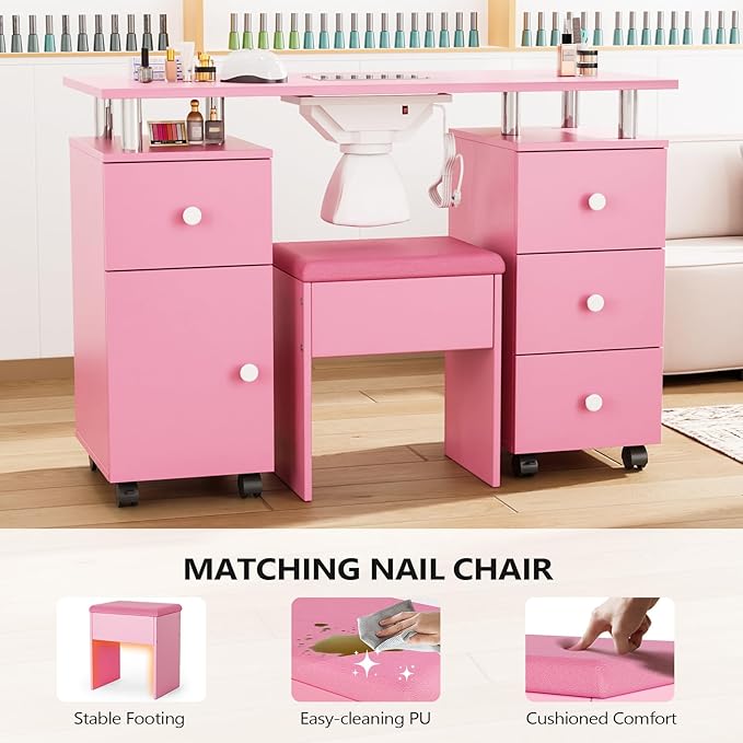 OmySalon Nail Desk and Chair Set, Manicure Table with Dust Collector, Arm Rest, 8 Wheels, Acetone Resistant Desktop, Drawers & Cabinet Storage for Makeup Beauty Salon (Pink)