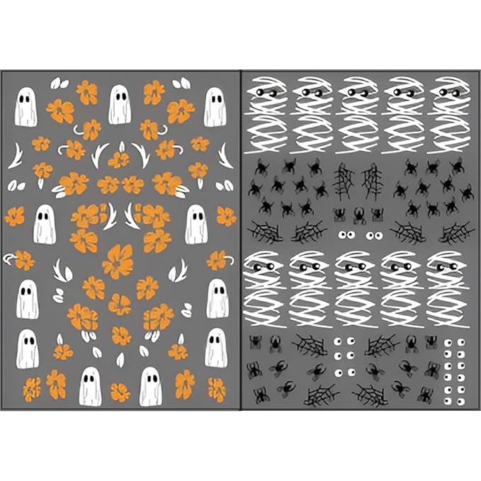 12sheet Halloween Nail Art Stickers Decals Flower 3D Self-Adhesive Nail Stickers with Mummy Ghost Design Nail Stickers for Nail Art Spider Web Pumpkin Nails Supplies for Women Manicure Decor