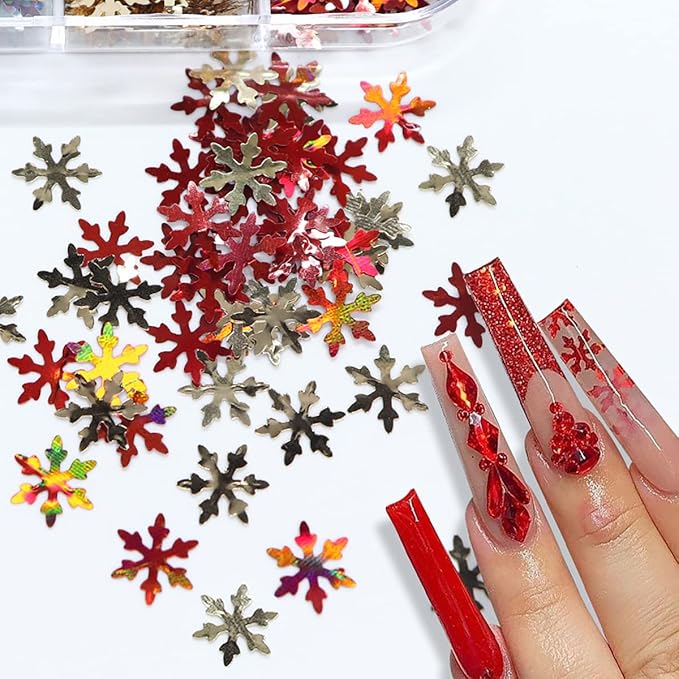 6 Grids Snowflake Nail Art Stickers Decals 3D Snowflake Nail Glitter Sequins Holographic Laser White Red Gold Silver Snowflake Glitter Flakes Winter Christmas Snow Nail Art Glitter Decoration