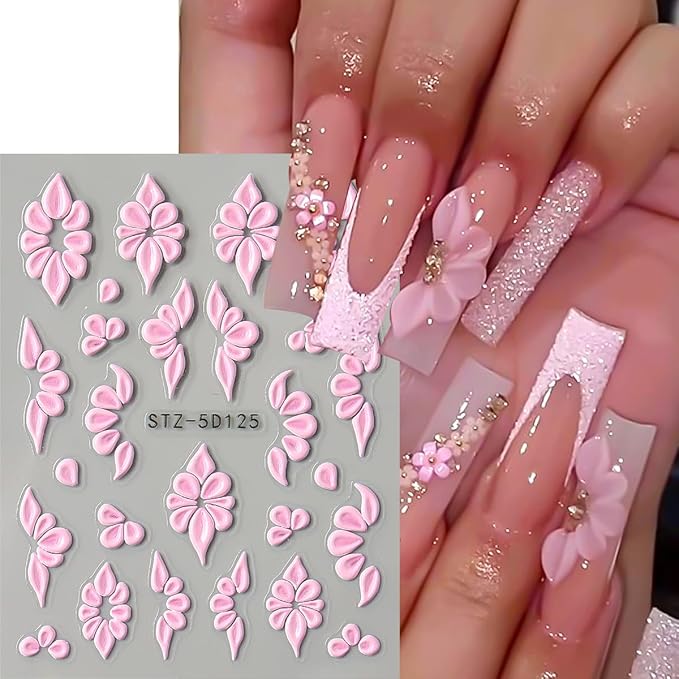Flower Nail Stickers,9 Sheets 5D Embossed Floral Self-Adhesive Nail Decals,Pink White Blue Elegant Lace Flowers Petals Nail Art Design for Spring Summer Manicure Decor DIY Nail Supplies