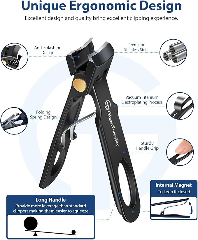 Anti-Splash Wide Jaw Opening Nail Clippers - GlamTweeler Ultra Sharp Extra Large Wide Opening Fingernail and Toenail Clipper with Glass Nail File (Black_Curved)