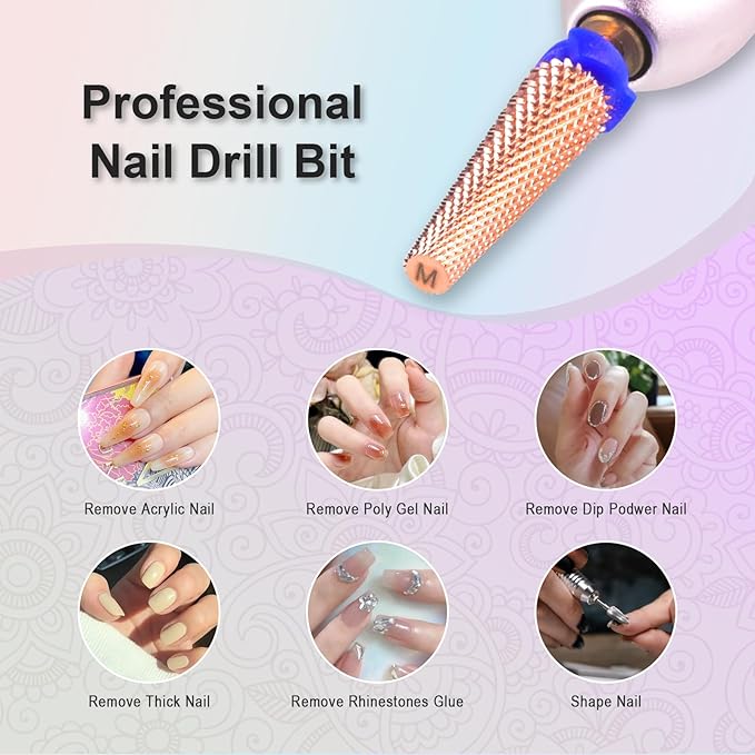 Depvko Super Long 5 in 1 Nail Drill Bits, 3/32'' Carbide Tungsten Bits, Two Way Rotate Professional Advanced Safety Bits for Nail, Fast Remove for Manicure Pedicure (Long 5in1-Rose Gold, Medium-M)